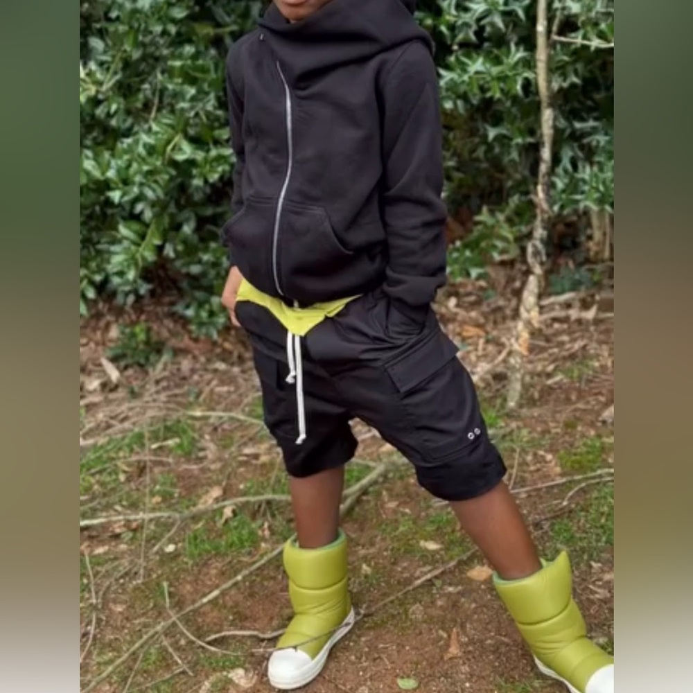 Rick Owens Black Cargo Kids Shorts with White Drawstring